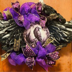 Gothic Raven Wreath with Purple and Black Accents